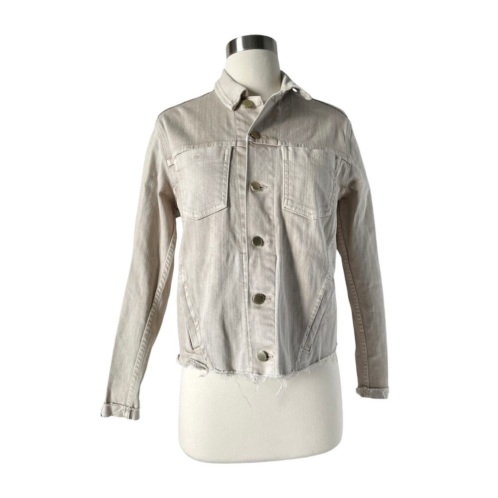 L’Agence Janelle Jean Jacket M Biscuit Cropped Denim Trucker Raw Hem - Picture 2 of 8